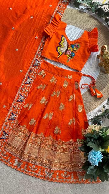 Butterfly Buff Lehengha-Choli Dupatta Vichitra Silk Orange Kids clothing wholesale market - wholesale export